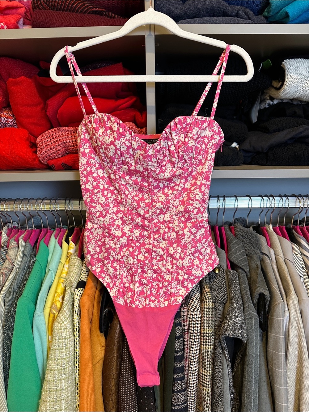 Zara pink/white floral adjustable strap snap bottom bodysuit size S